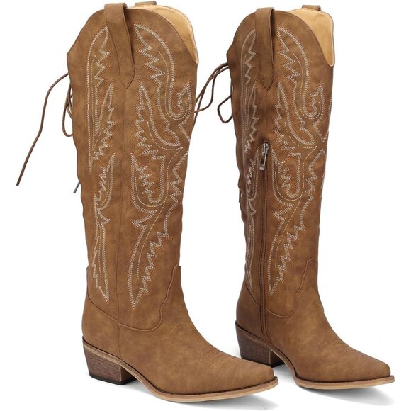 ⚡Women's Brown Embroidered Wide Calf Boots With Back Lace Up Chunky Block Heel - Picture 6 of 6